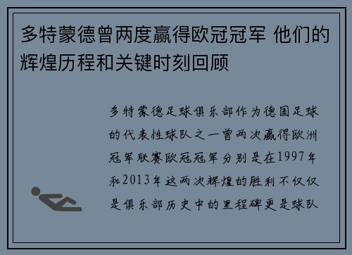 多特蒙德曾两度赢得欧冠冠军 他们的辉煌历程和关键时刻回顾