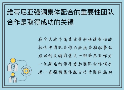 维蒂尼亚强调集体配合的重要性团队合作是取得成功的关键